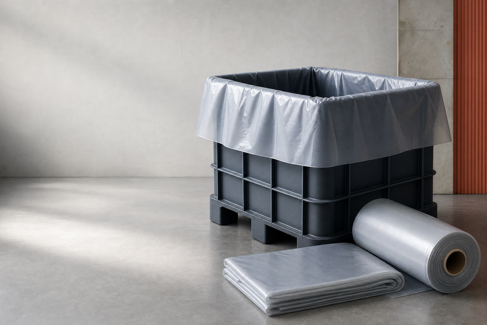 Unbranded custom bin liner shown in a reusable industrial container with a folded liner and liner roll