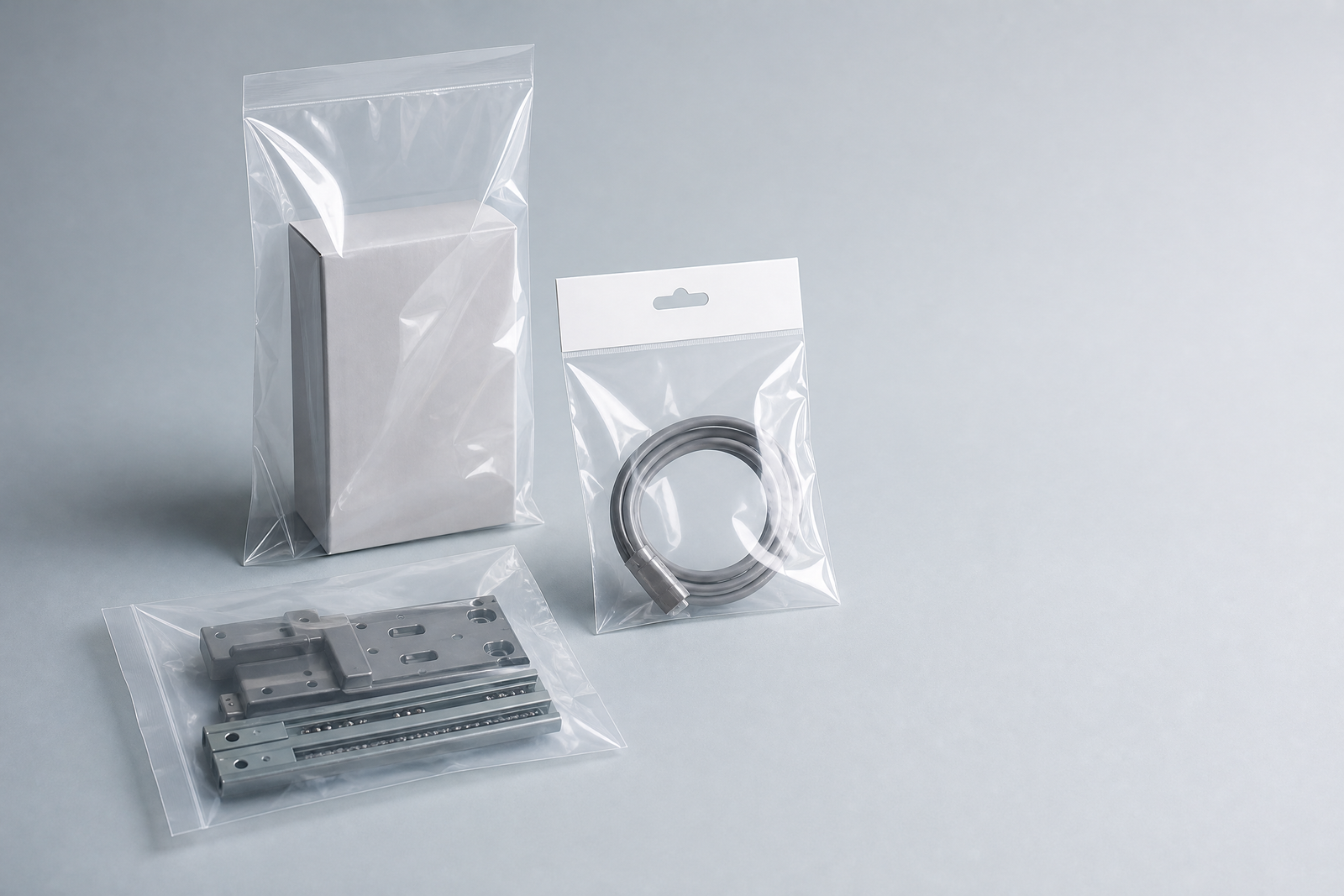 Unbranded clear poly bags with neutral hardware and product box components in a studio setting