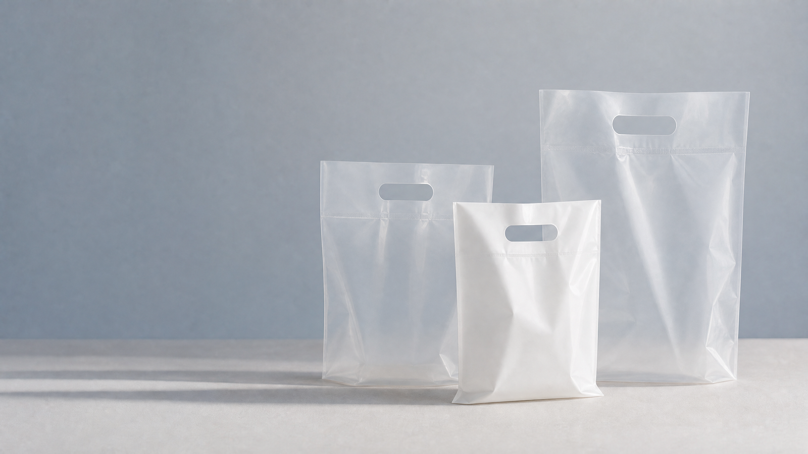 Unbranded white and translucent die cut handle bags in a minimalist studio setting