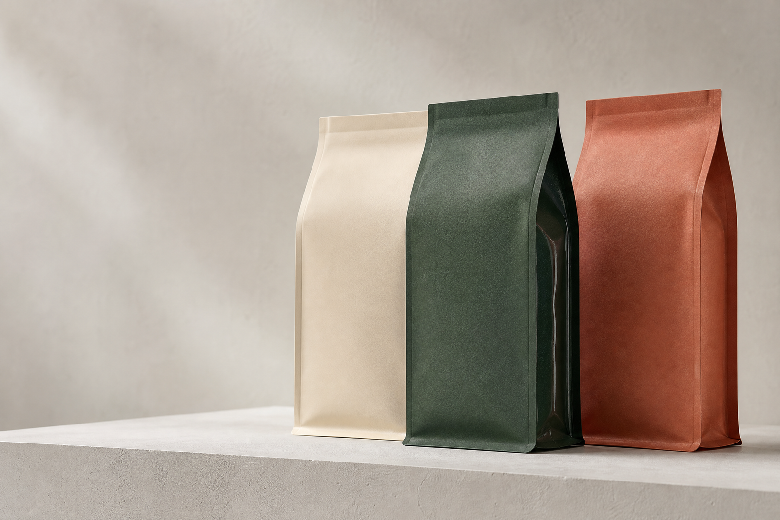 Unbranded flat bottom flexible pouches in cream, green and terracotta on a studio plinth