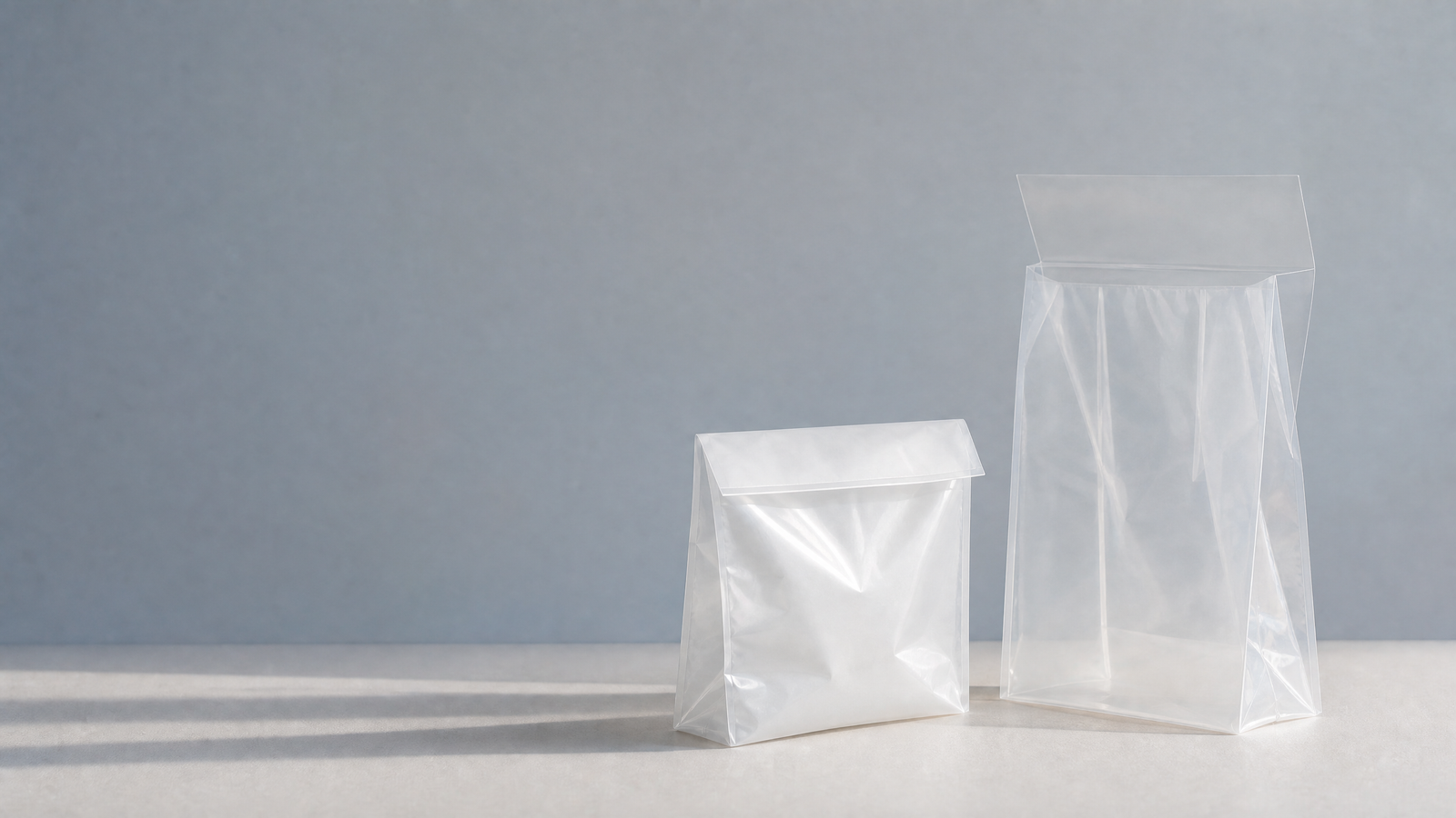 Unbranded translucent flip top poly bags showing a visible fold-over flap in a minimalist studio setting