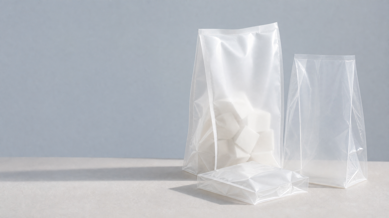 Unbranded gusseted translucent bags showing expandable side profiles in a clean studio setting