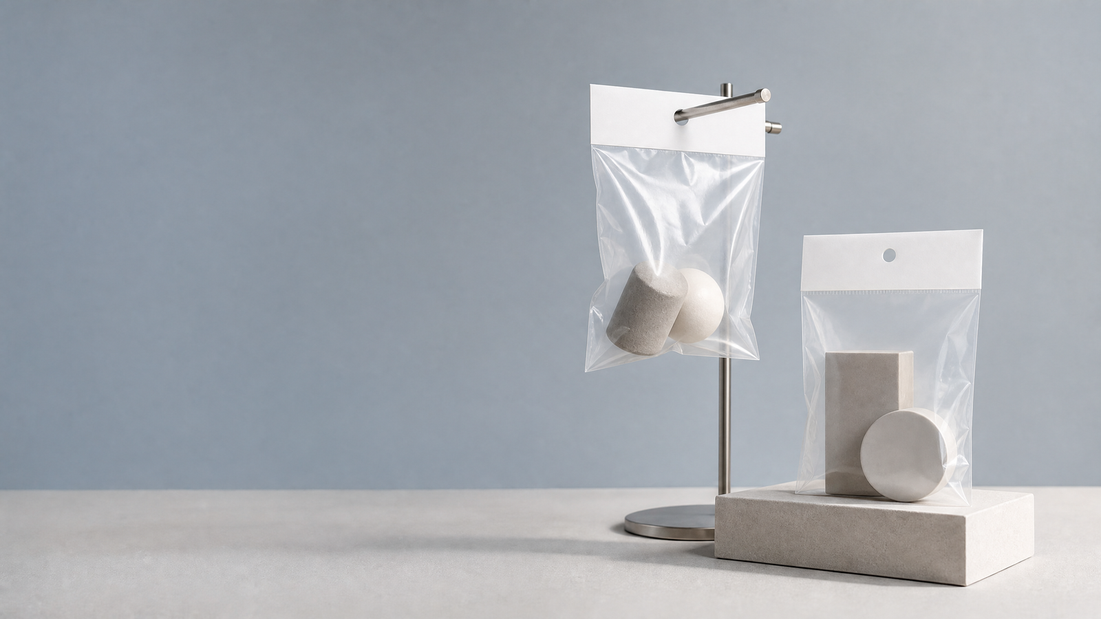 Unbranded clear header bags with blank top panels and simple hanging display presentation