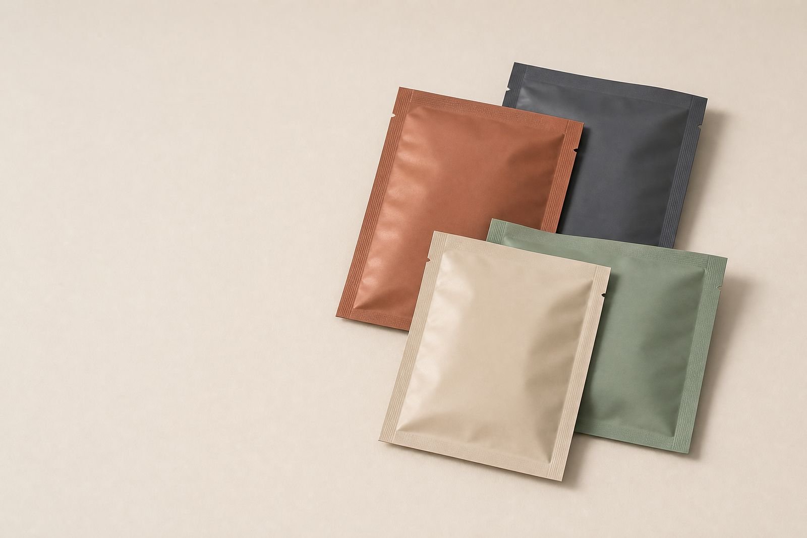 Four unbranded lay flat pouches in cream, sage, clay and charcoal on an off-white studio surface