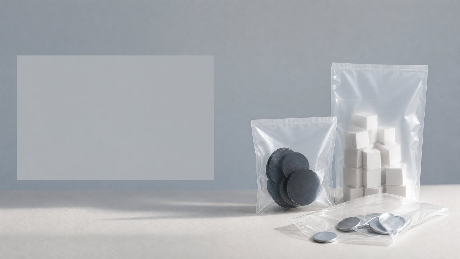 Unbranded clear parts bags holding abstract neutral component shapes in a clean studio setting