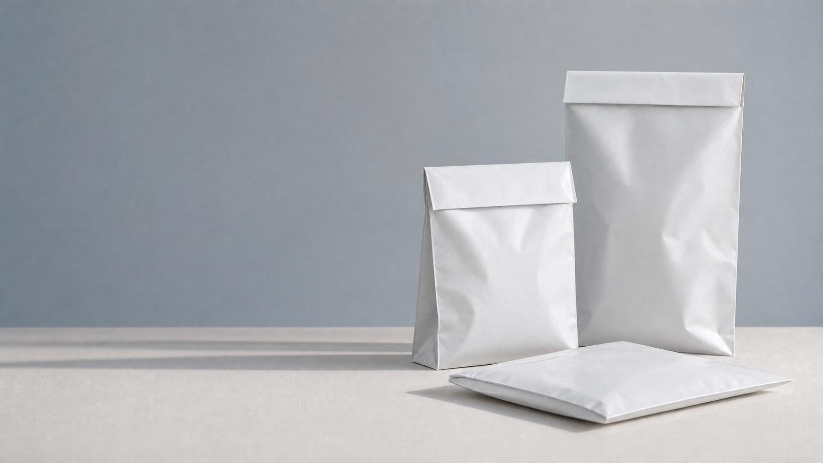 Unbranded white and pale grey poly mailing bag forms in a minimal studio setting