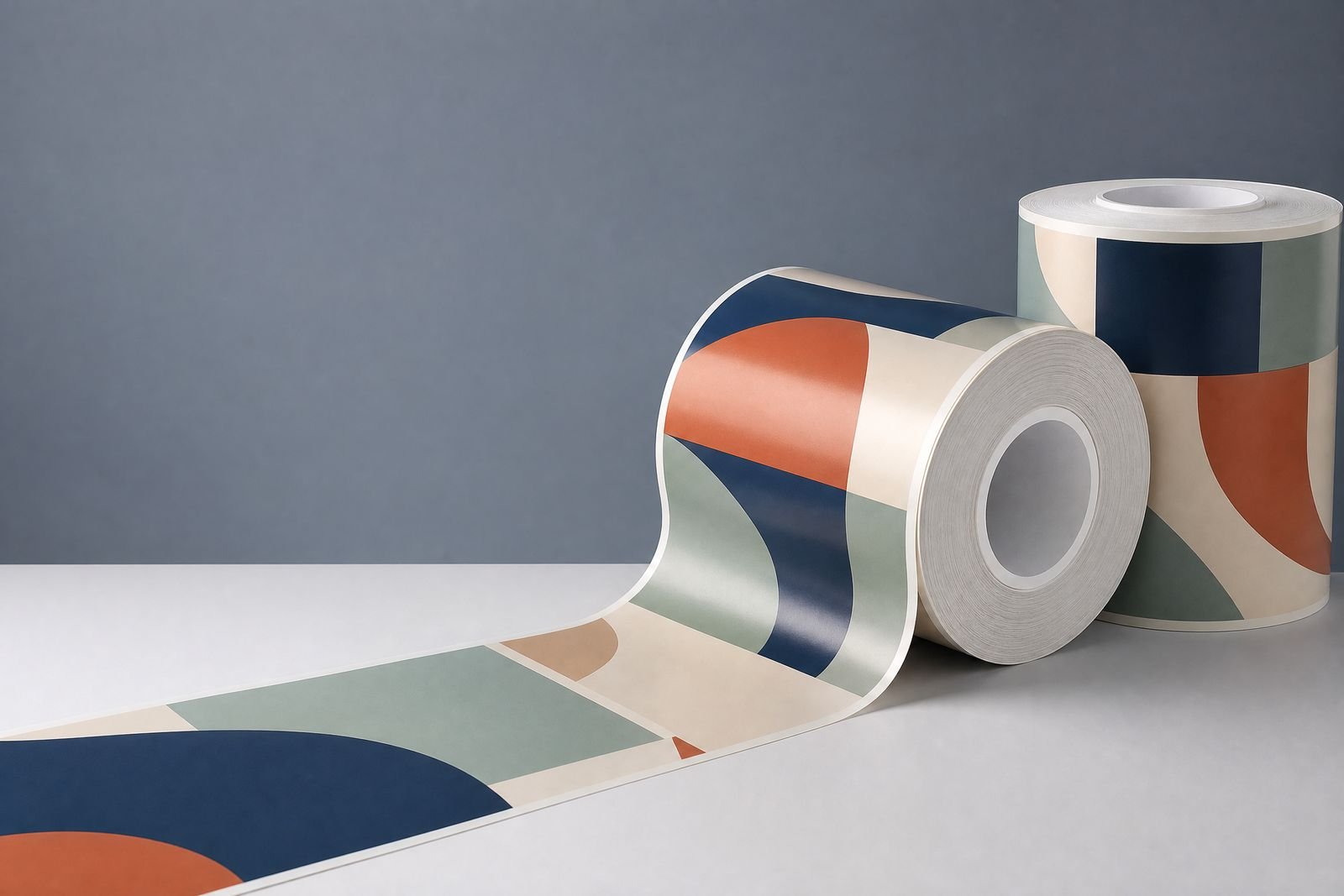 Unbranded flexible packaging film rolls with abstract navy, sage, clay and cream graphic blocks in a studio setting
