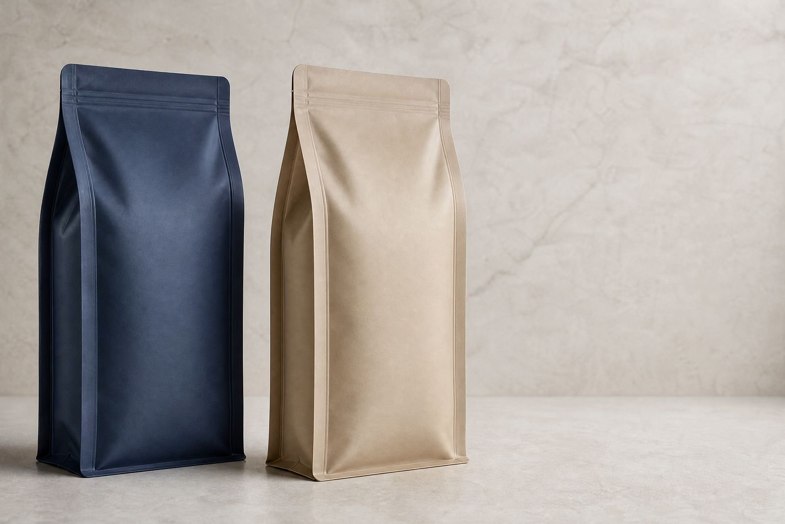 Unbranded navy and sand quad seal pouch formats with visible vertical edge structure in a studio setting