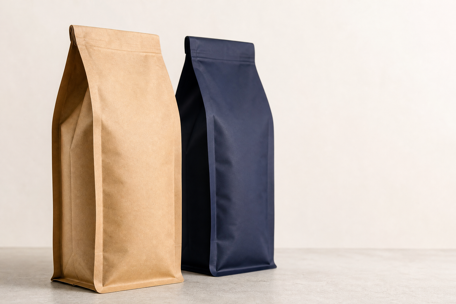 Unbranded kraft and navy side gusset bags shown in a premium studio setting