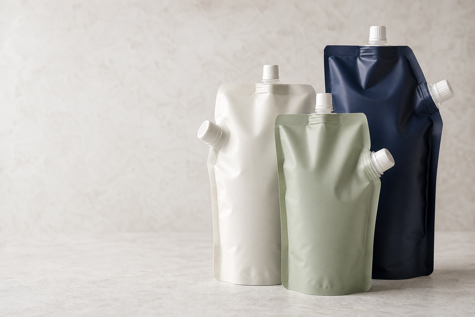 Unbranded white, pale sage and navy spout pouches with visible caps in a studio setting