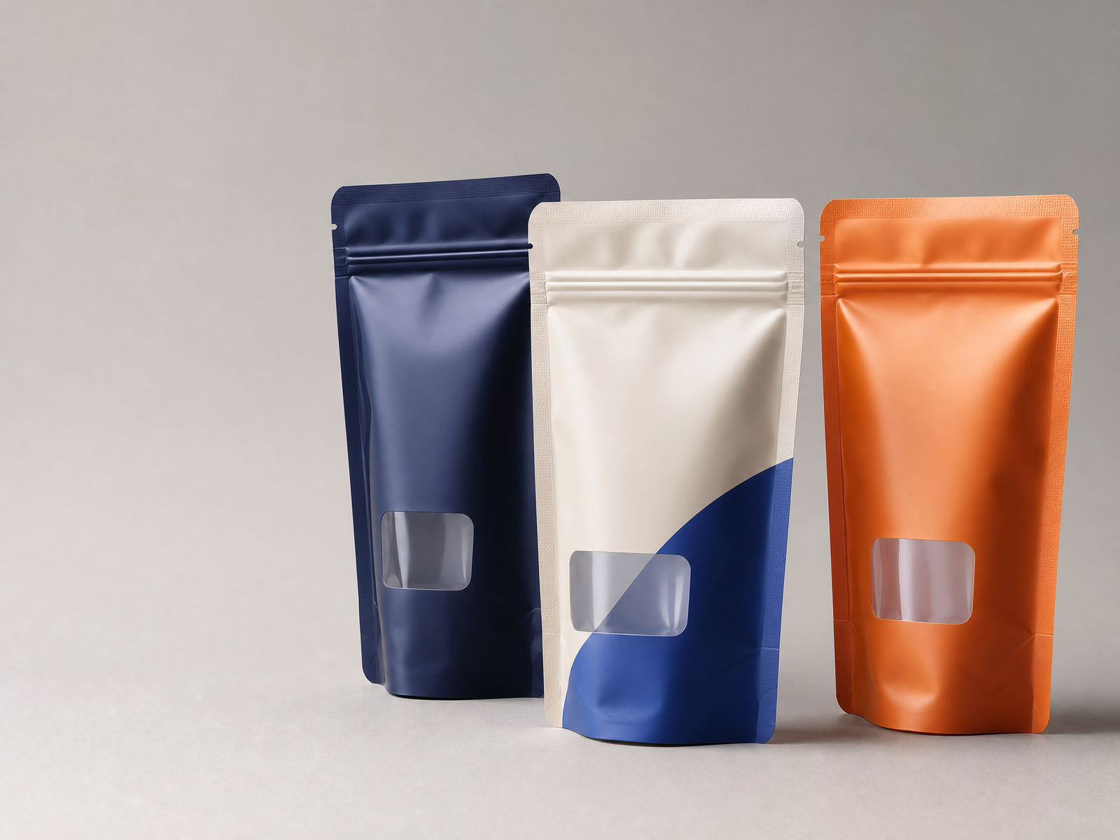 Three unbranded custom stand-up pouch formats with matte and gloss finishes